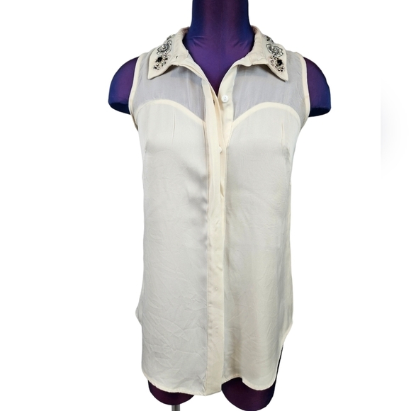 Milly 100% Silk Cream Sleeveless Blouse Jeweled‎ Collar Size 0 Women's D64 - Picture 14 of 14
